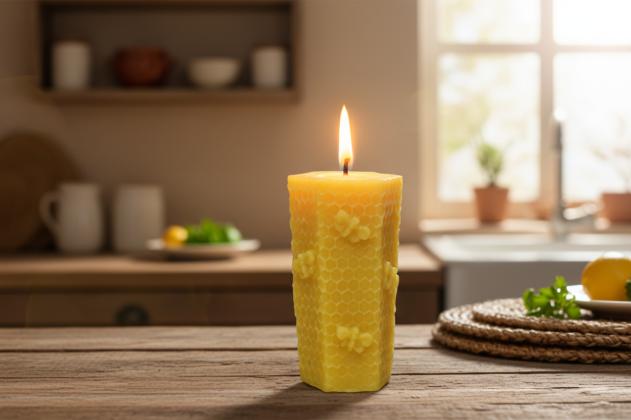 Beeswax candle on a wooden table with a kitchen background