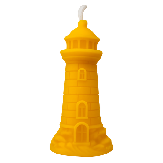 Beeswax lighthouse candle handcrafted by Newton Honey, 14cm tall, natural golden color with honey scent.