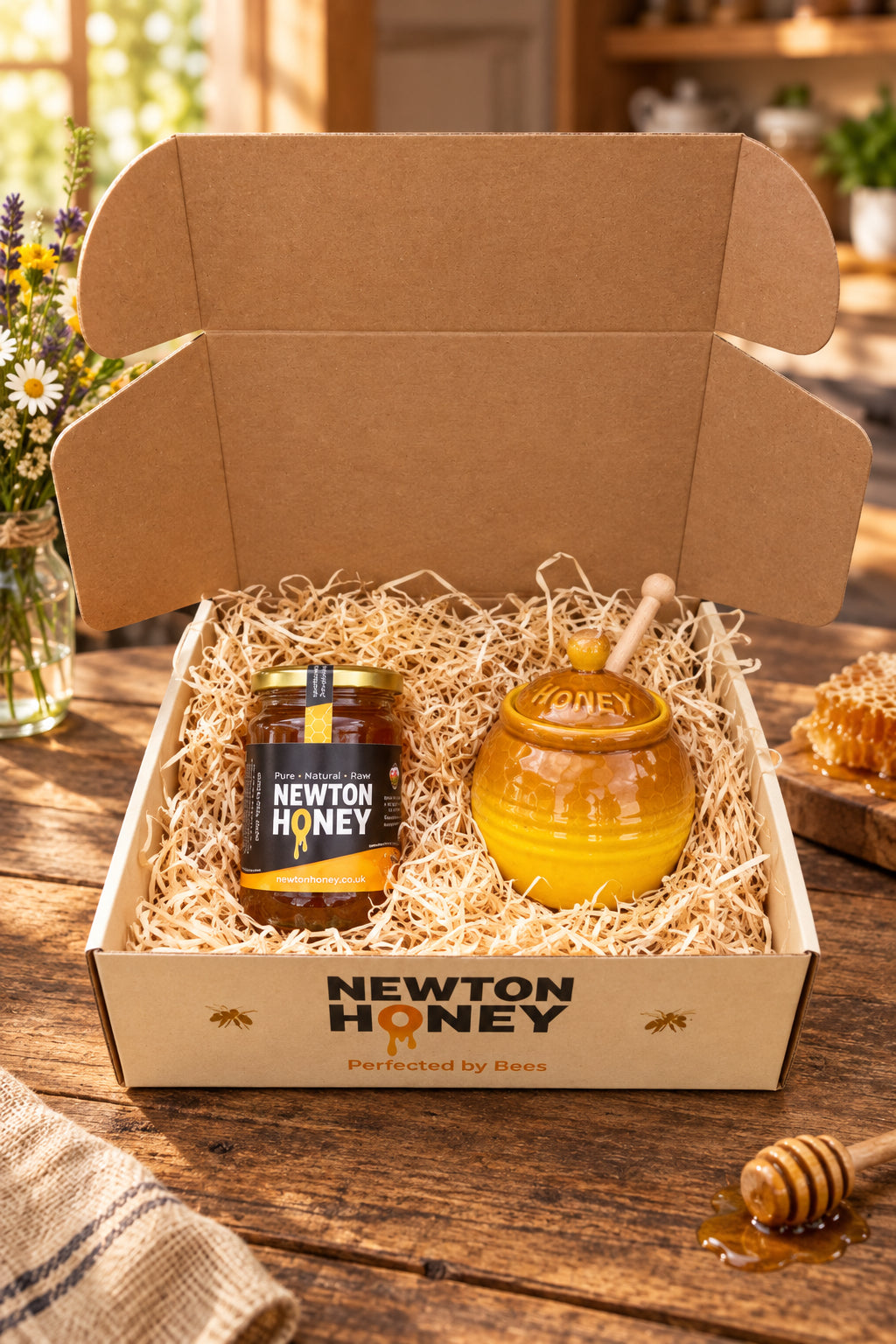 Full view of the open gift box containing Newton Honey runny honey and a ceramic honey pot with dipper.