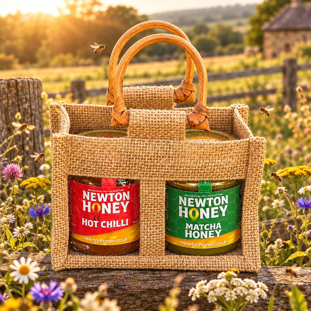 Newton Honey Hot Chilli and Matcha honey duo in a jute gift bag with bamboo handles.