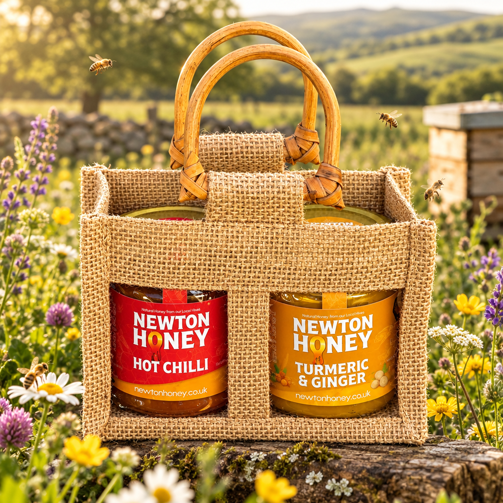 Newton Honey Hot Chilli and Turmeric & Ginger honey duo in a jute gift bag with bamboo handles.