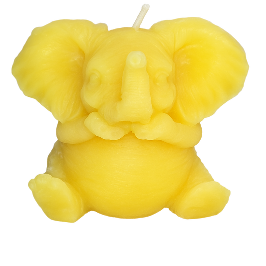 Handcrafted yellow elephant-shaped beeswax candle made by Newton Honey, displayed on a neutral background