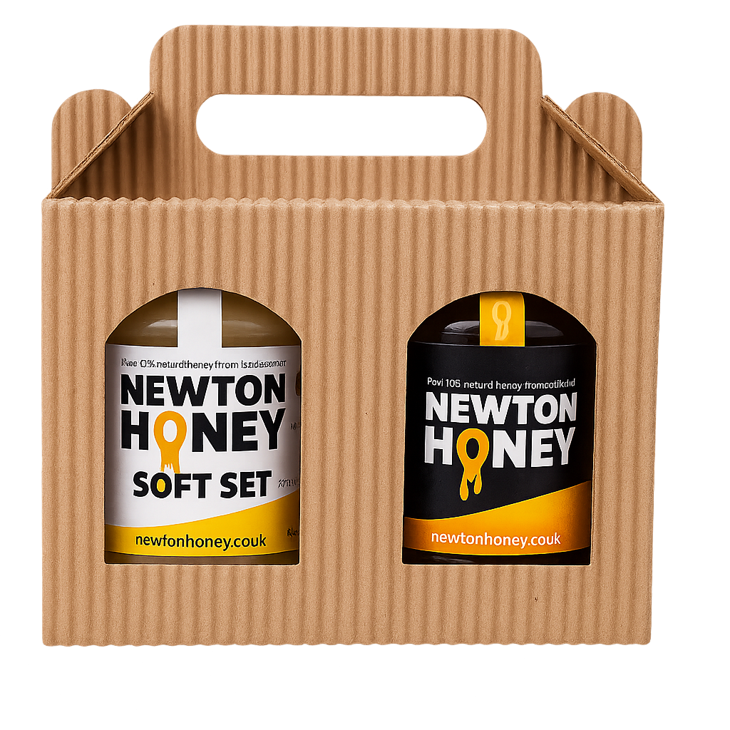 Newton Honey Gift Set with Soft Set and Runny Honey jars in cardboard carrier