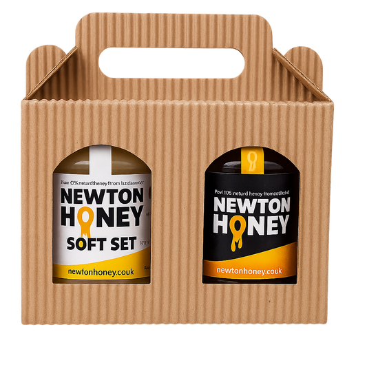 Newton Honey Gift Set with Soft Set and Runny Honey jars in cardboard carrier