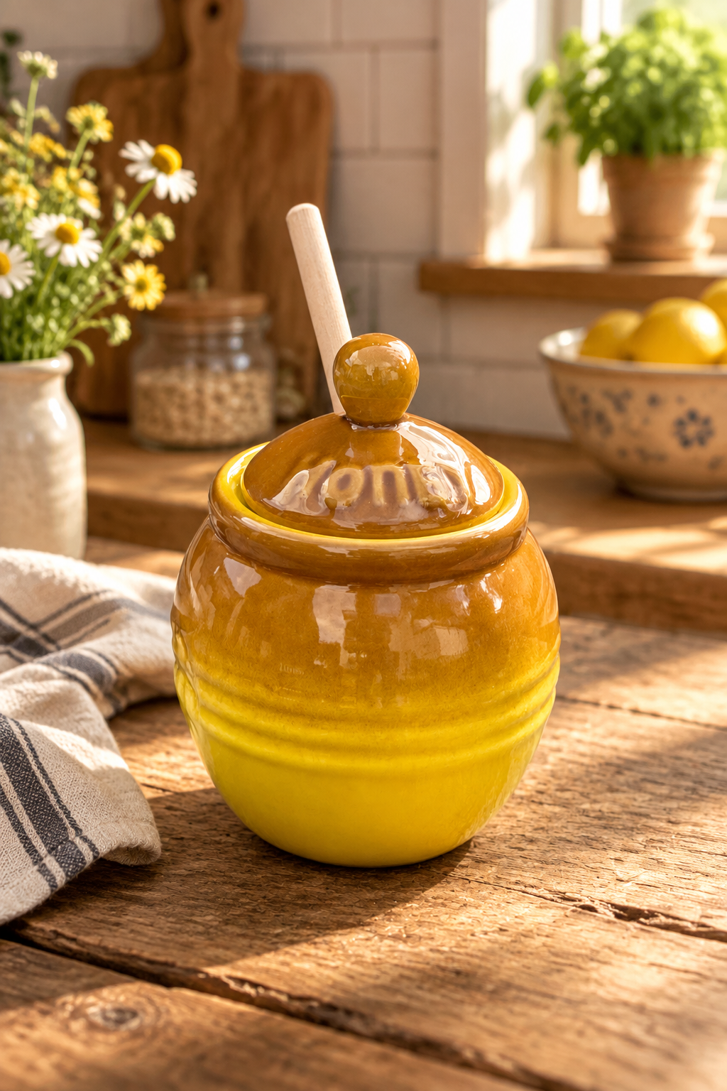 Golden Honeypot on kitchen table by Newton Honey