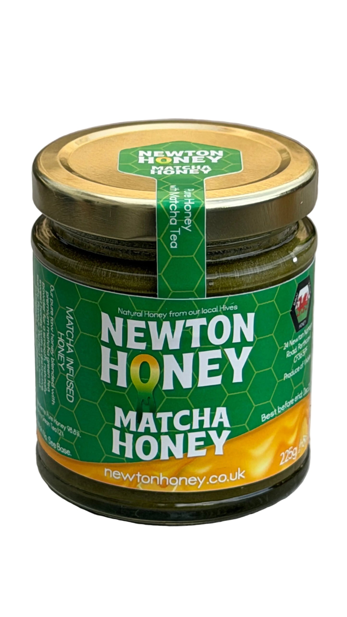 Newton Honey Matcha Honey 225g jar with green honeycomb label and gold lid
