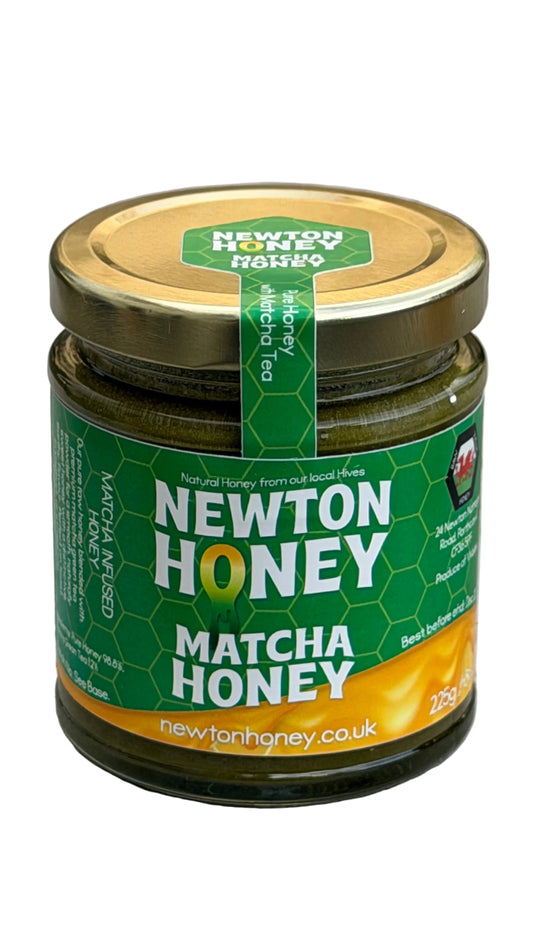 Newton Honey Matcha Honey 225g jar with green honeycomb label and gold lid