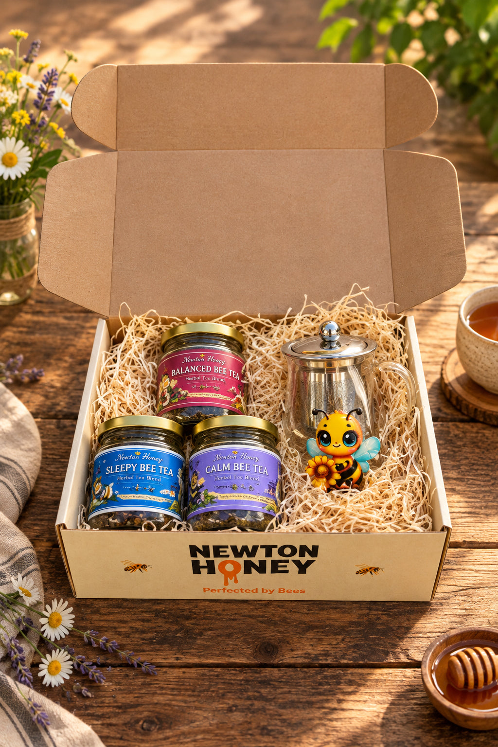 Full view of the open Newton Honey gift box containing three herbal tea jars and a bee-design glass teapot infuser.