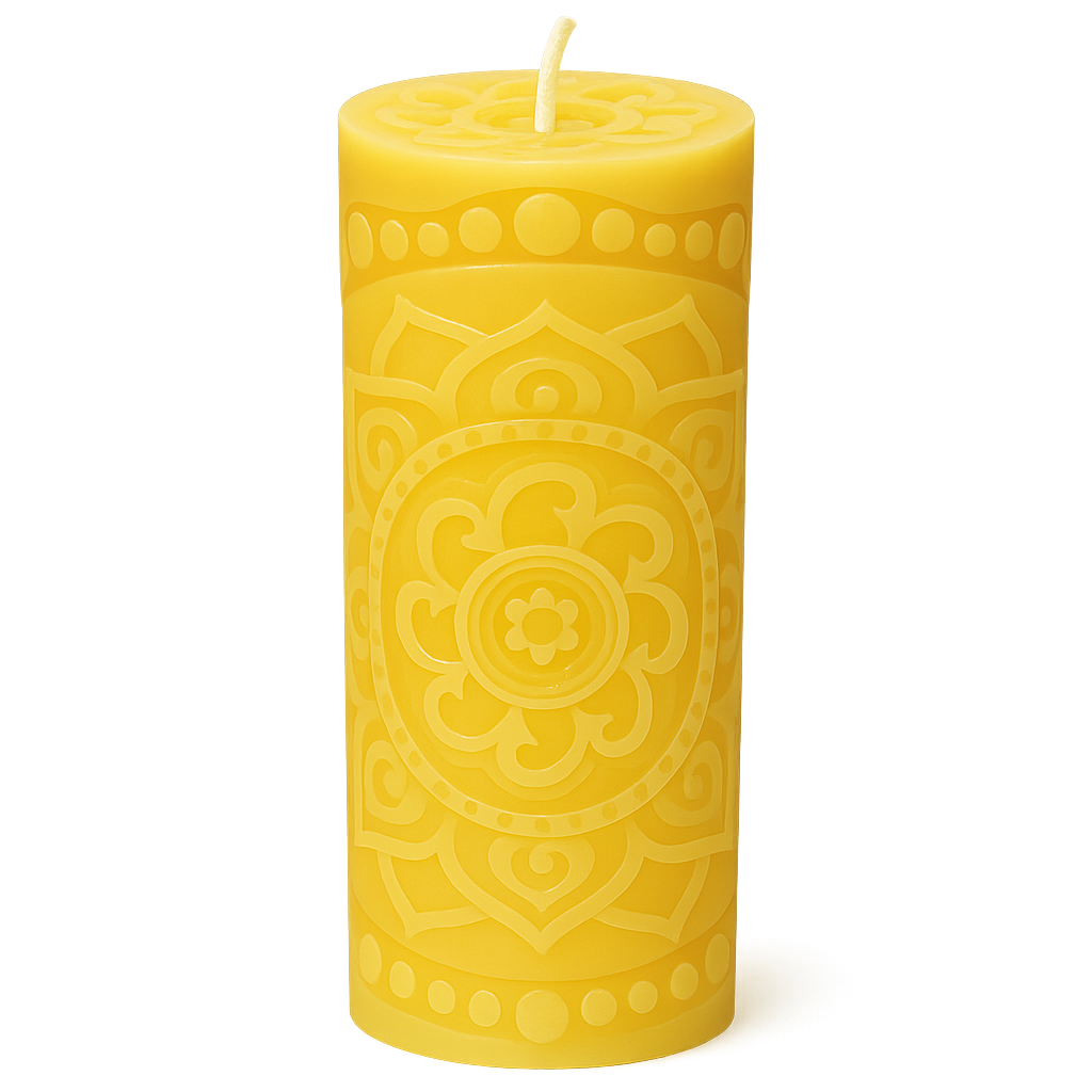 High-quality product photo of a pure beeswax mandala pillar candle, featuring an intricate hand-carved floral design, natural golden beeswax colour, and clean studio lighting. Ideal for meditation, home décor, and eco-friendly gifting.