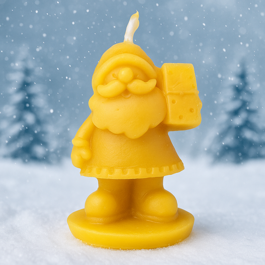 Handmade Santa beeswax candle from Newton Honey, festive Christmas decor, natural golden beeswax