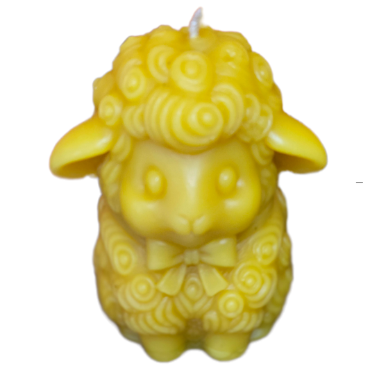 Handcrafted sheep-shaped beeswax candle with detailed curls made from pure beeswax