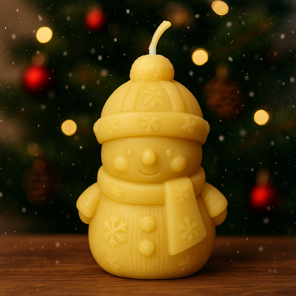 Handcrafted pure beeswax snowman candle with winter hat and scarf in front of a Christmas tree