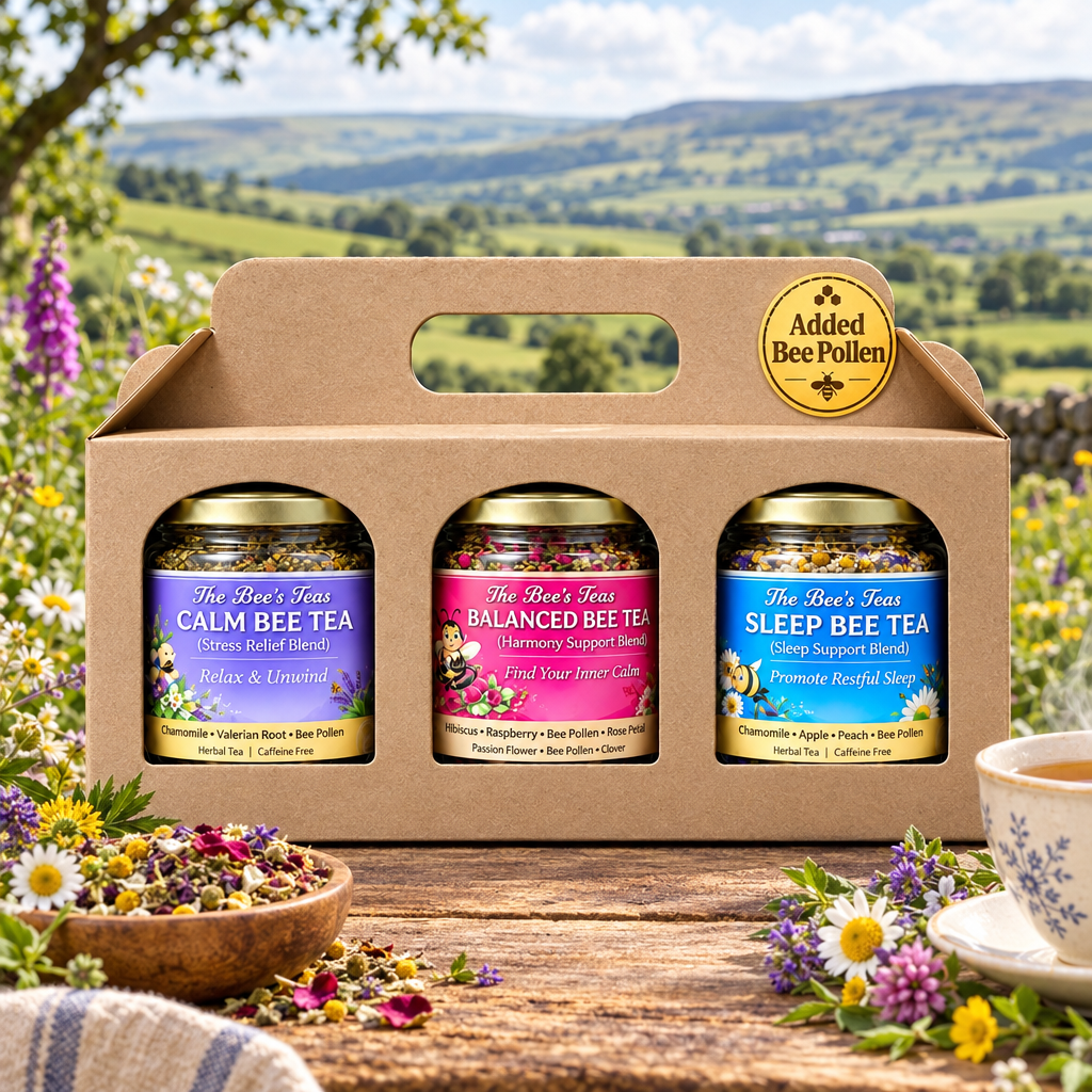 A gift set of three herbal tea jars in a brown cardboard carrier, displayed on a rustic wooden table with wildflowers and a cup of tea. The background shows a scenic green mountain landscape.