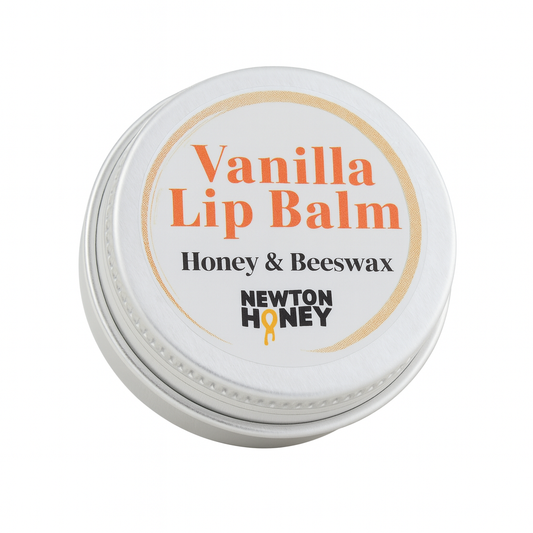 Newton Honey Vanilla Lip Balm tin made with honey and beeswax